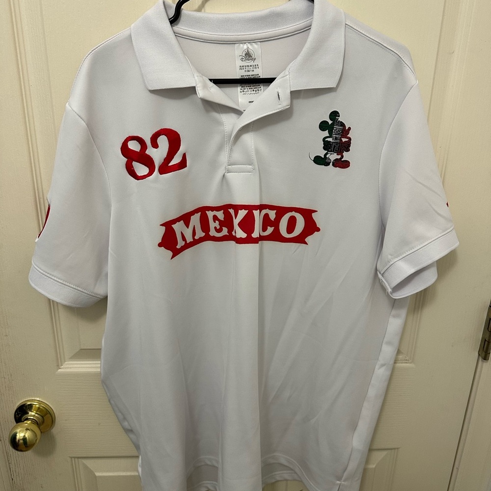 White Polo Shirt with Red Mexico Embroidery